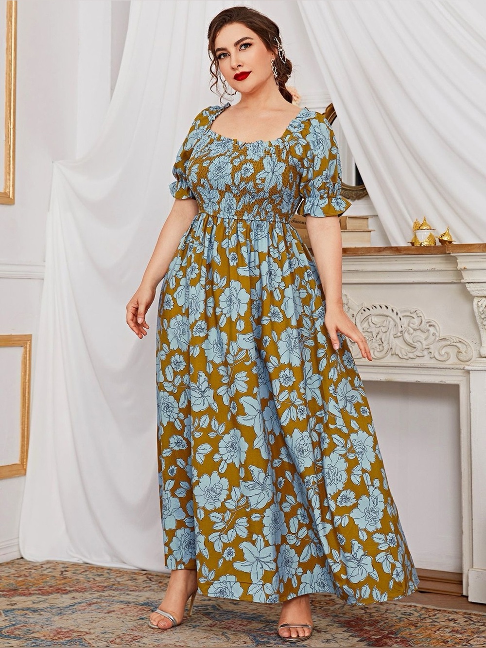 NWT plus floral shirred puff sleeve maxi dress known as a milkmaid or boho style